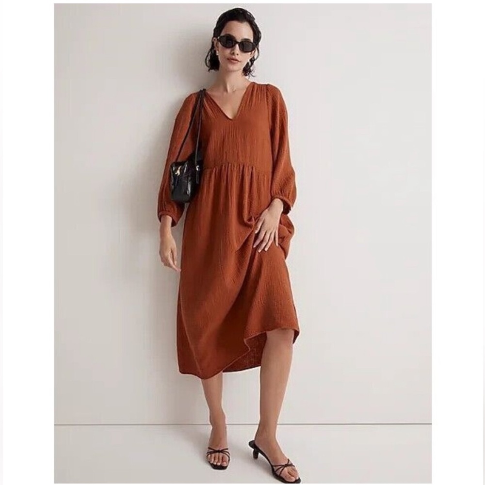 NWT Madewell Lightspun V-Neck MIDI Dress in Burnt Clay